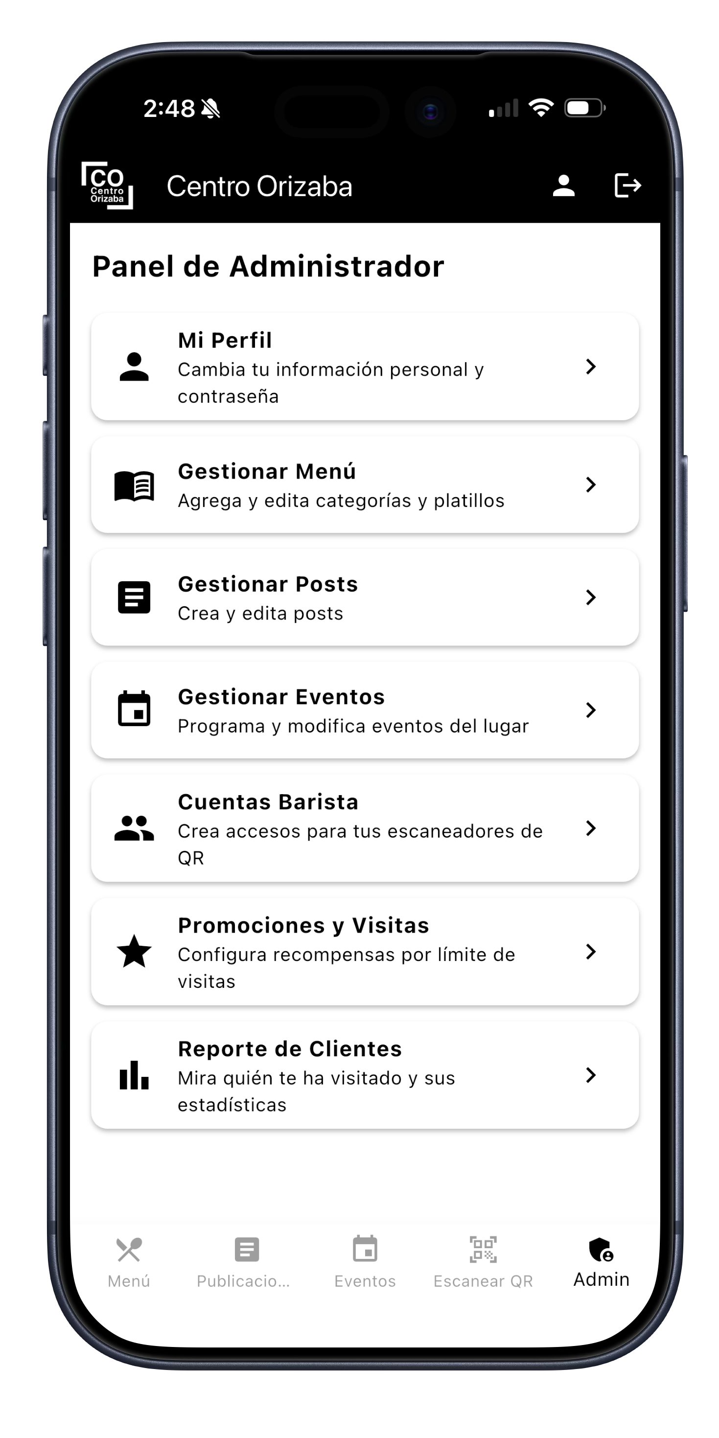 Panel administrativo para el dueño de la cafetería
