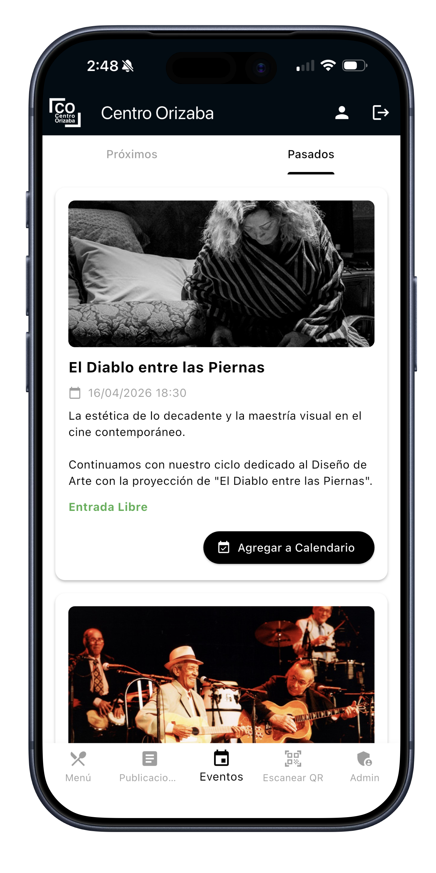 Pantalla de eventos de la app